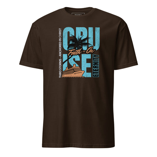 “Anchored in Christ Christian graphic tee in dark chocolate – Cruise Through Storms Eternity Design – Zyora Apparel”