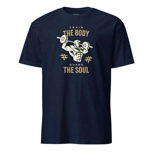 “Christian graphic tee in blue – Train Your Body, Guard Your Soul design – Zyora Apparel”