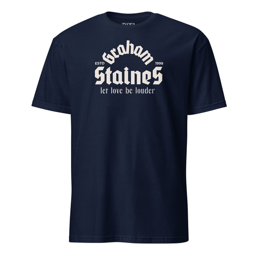 Graham Staines – Let Love Be Louder” Christian Navy graphic tee, inspired by 1 Corinthians 13:13. Faith-based gift, scripture-inspired apparel for men and women.