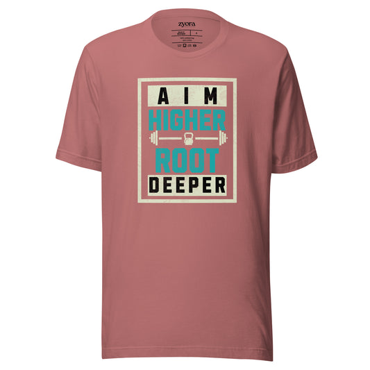 Unisex premium Christian tee with “Aim Higher Root Deeper” design – faith-based fashion and gift by Zyora Apparel.