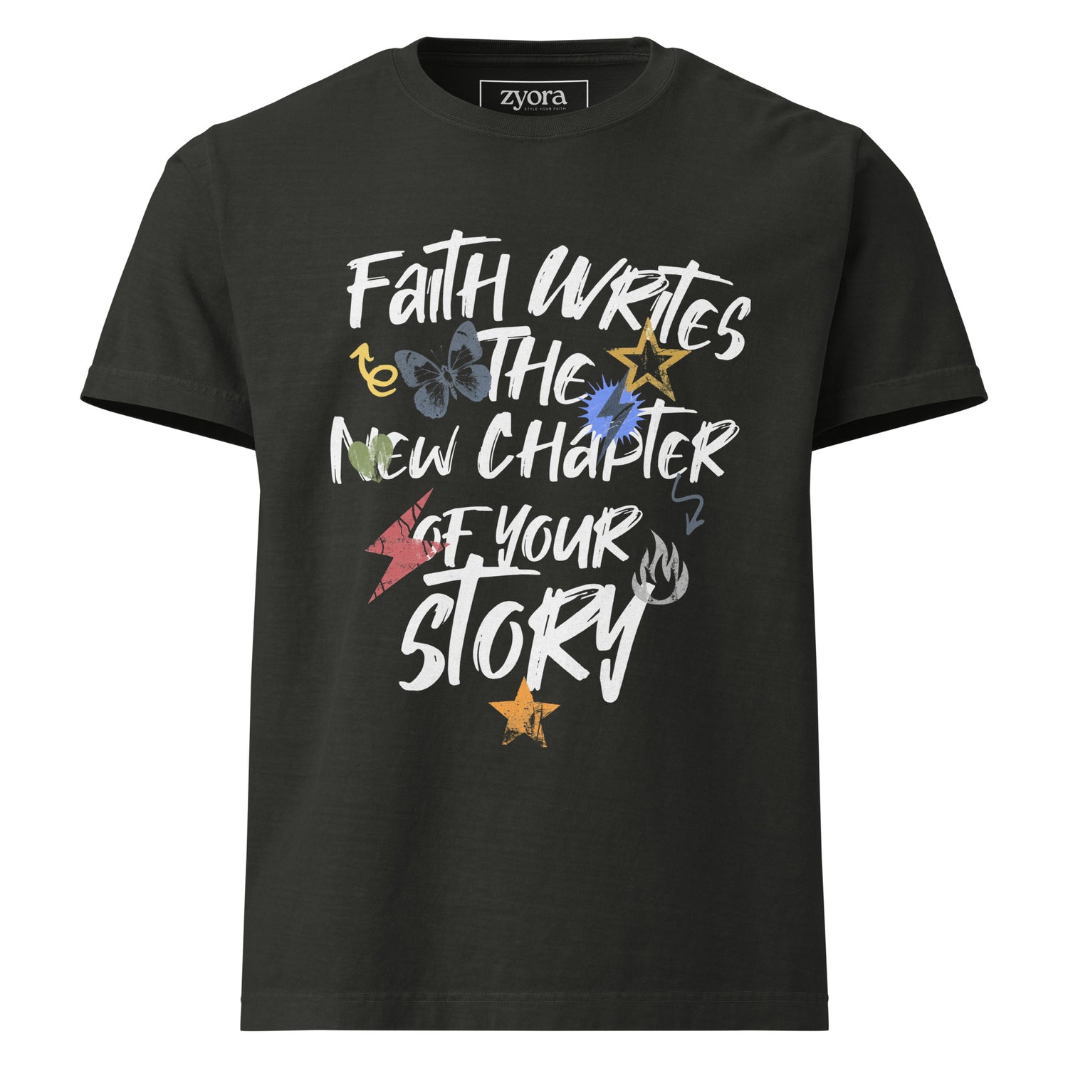 Christian tee with “Faith Writes New Chapter of Your Story” design – faith-based fashion and gift by Zyora Apparel.