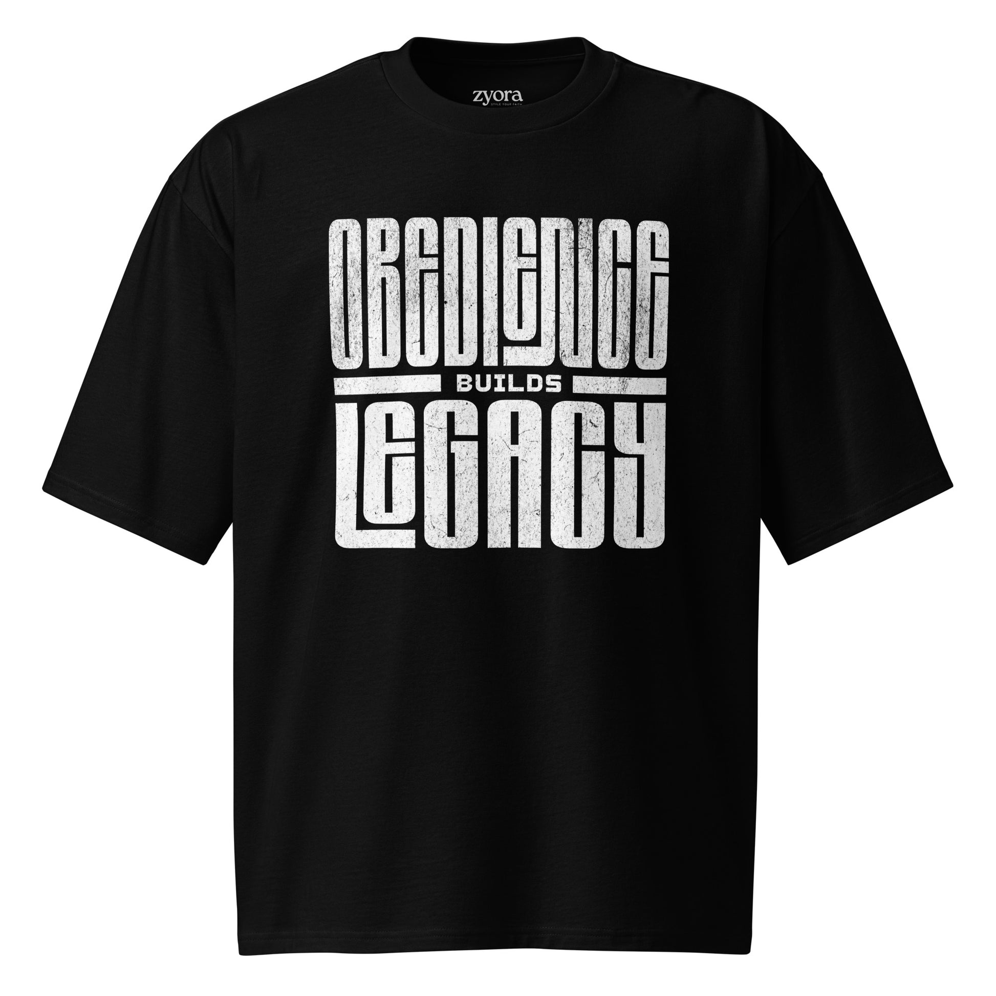 Oversized premium heavyweight Christian tee with “Obedience Builds Legacy” design – faith-based streetwear by Zyora Apparel.
