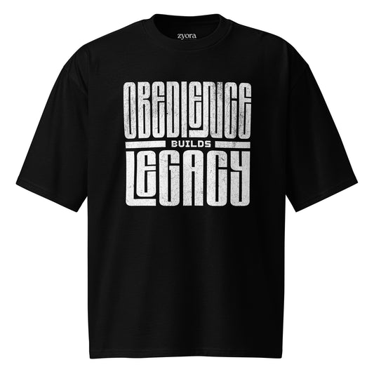 Oversized premium heavyweight Christian tee with “Obedience Builds Legacy” design – faith-based streetwear by Zyora Apparel.
