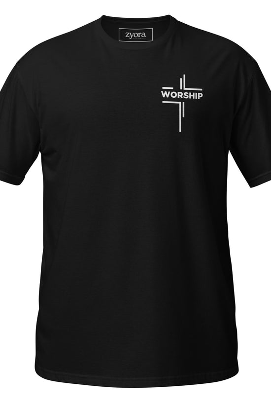 “Worship” written horizontally in cross form on a Christian graphic tee, inspired by Mark 12:30‑31. Faith‑based gift for believers, scripture‑inspired apparel.