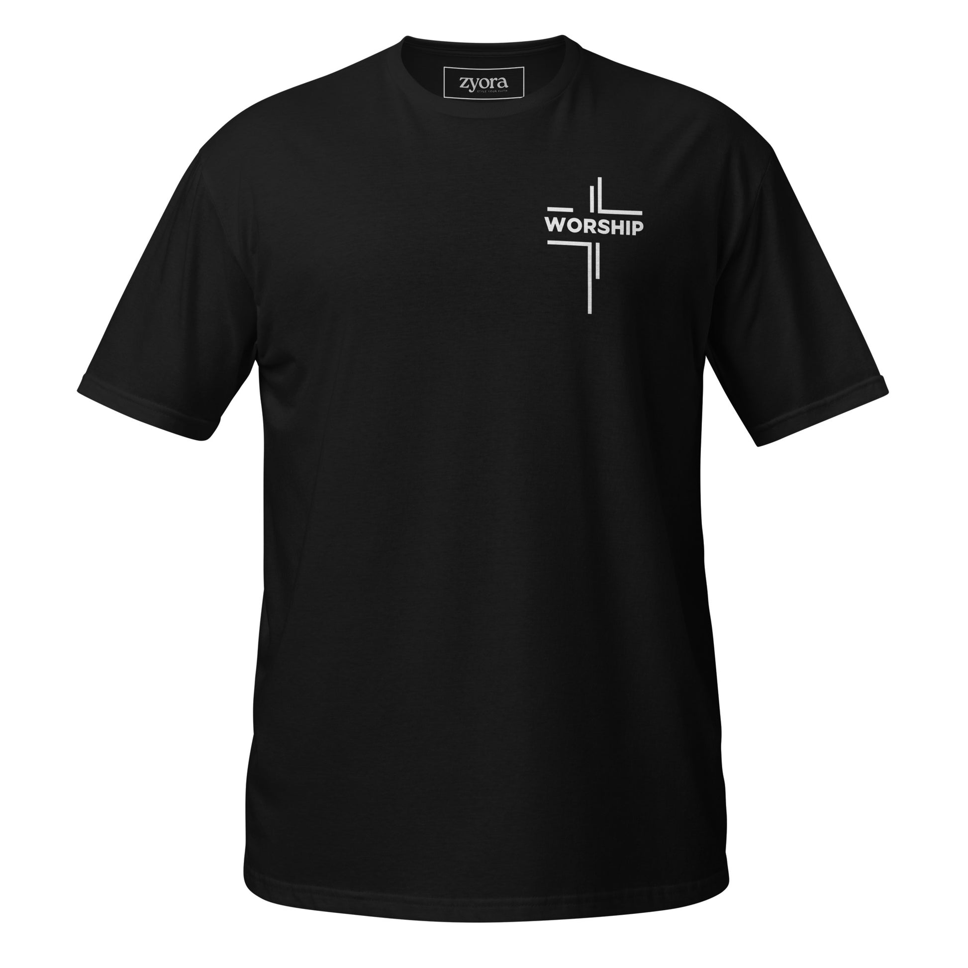 “Worship” written horizontally in cross form on a Christian graphic tee, inspired by Mark 12:30‑31. Faith‑based gift for believers, scripture‑inspired apparel.