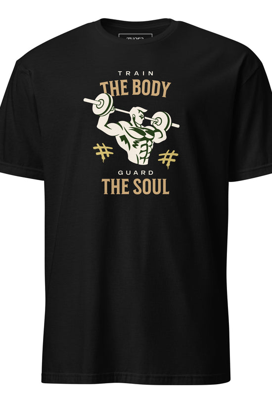 “Christian graphic tee in black – Train Your Body, Guard Your Soul design – Zyora Apparel”