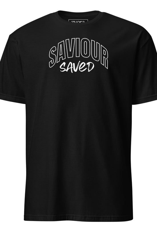 Unisex regular Black Christian tee with “Saviour Saved” design – faith-based fashion and gift by Zyora Apparel.