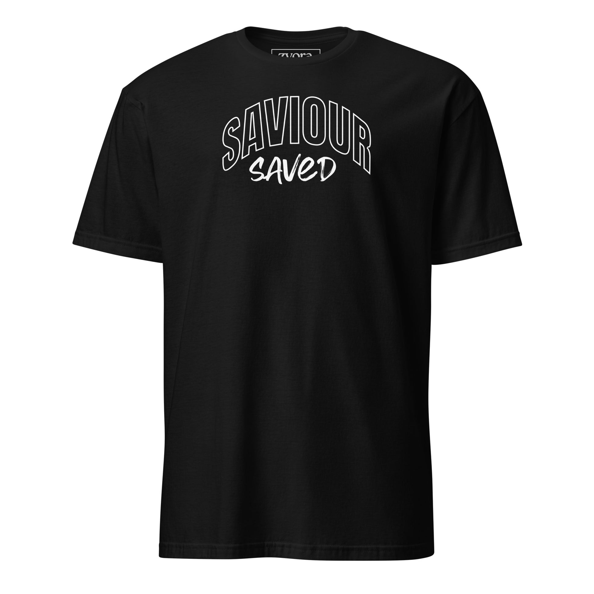 Unisex regular Black Christian tee with “Saviour Saved” design – faith-based fashion and gift by Zyora Apparel.