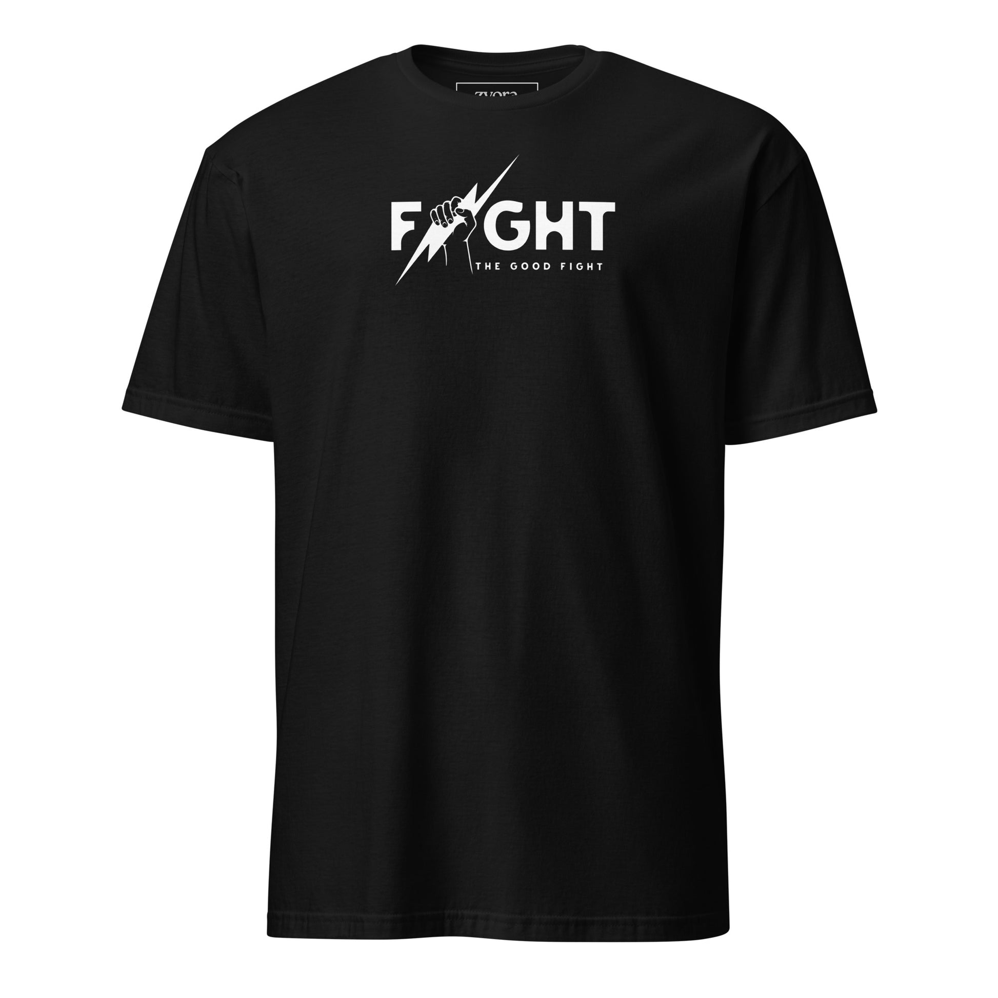 "Fight the Good Fight" Christian Black graphic tee with 1 Timothy 6:12 scripture design. Faith-based apparel, bold Christian gift, unisex lifestyle shirt.
