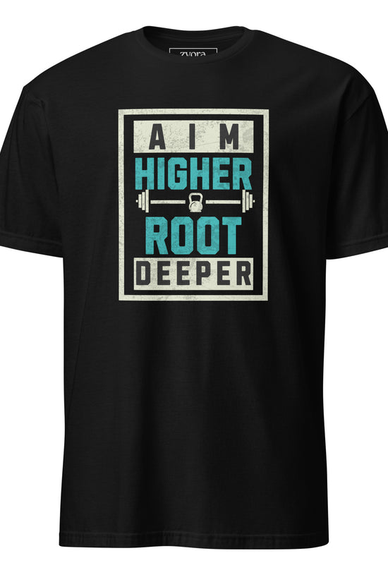 Unisex regular Christian tee with “Aim Higher Root Deeper” design – faith-based fashion and gift by Zyora Apparel.