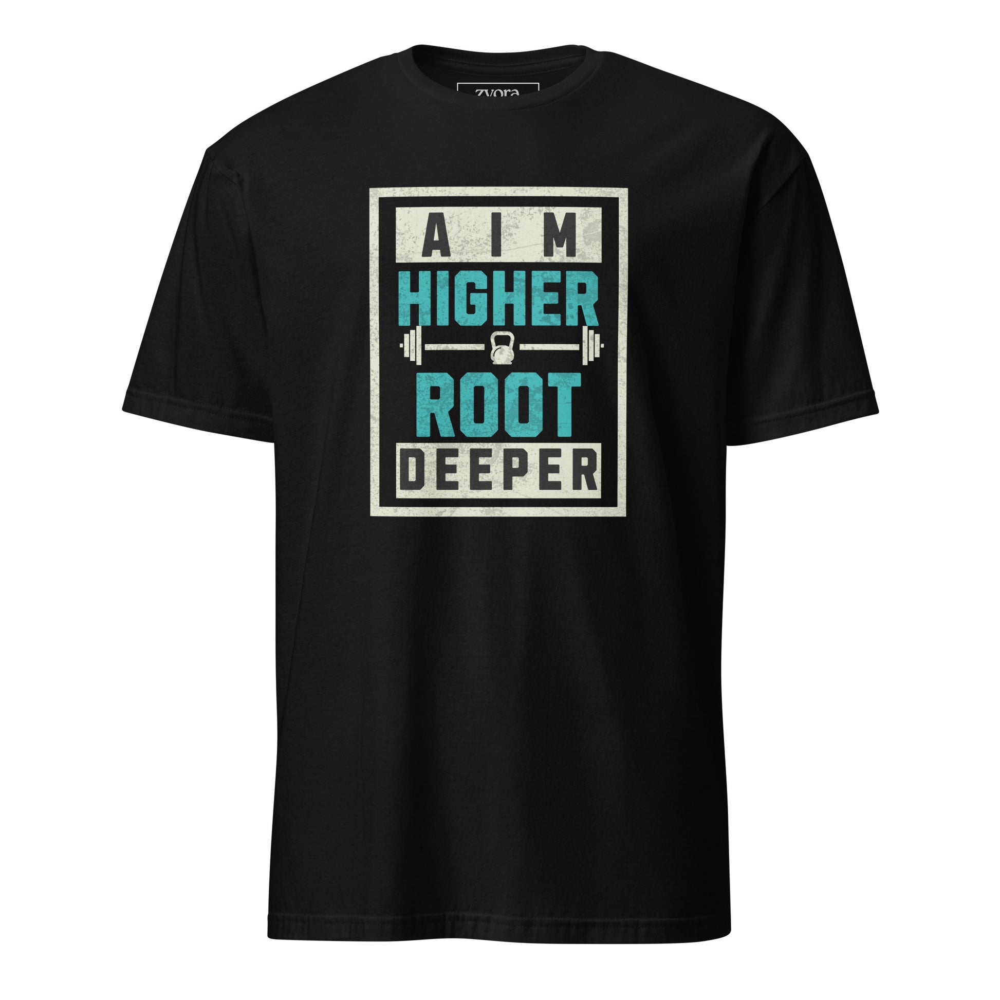 Unisex regular Christian tee with “Aim Higher Root Deeper” design – faith-based fashion and gift by Zyora Apparel.