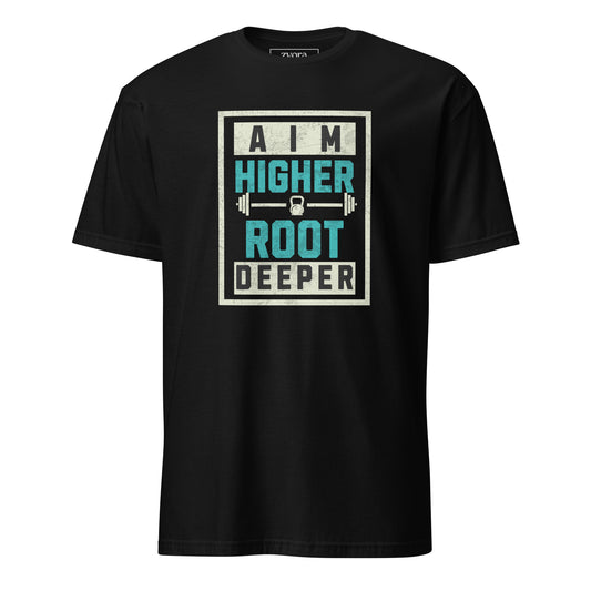 Unisex regular Christian tee with “Aim Higher Root Deeper” design – faith-based fashion and gift by Zyora Apparel.