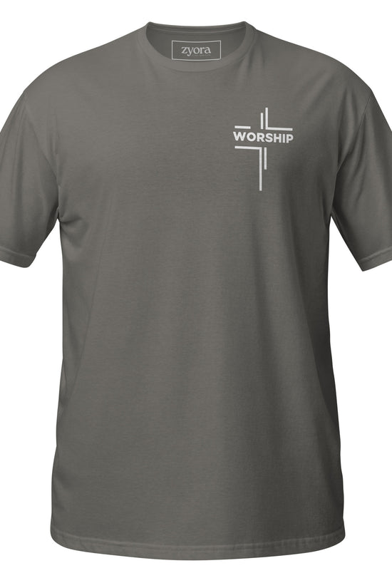 “Worship” written horizontally in cross form on a Christian graphic tee, inspired by Mark 12:30‑31. Faith‑based gift for believers, scripture‑inspired apparel.