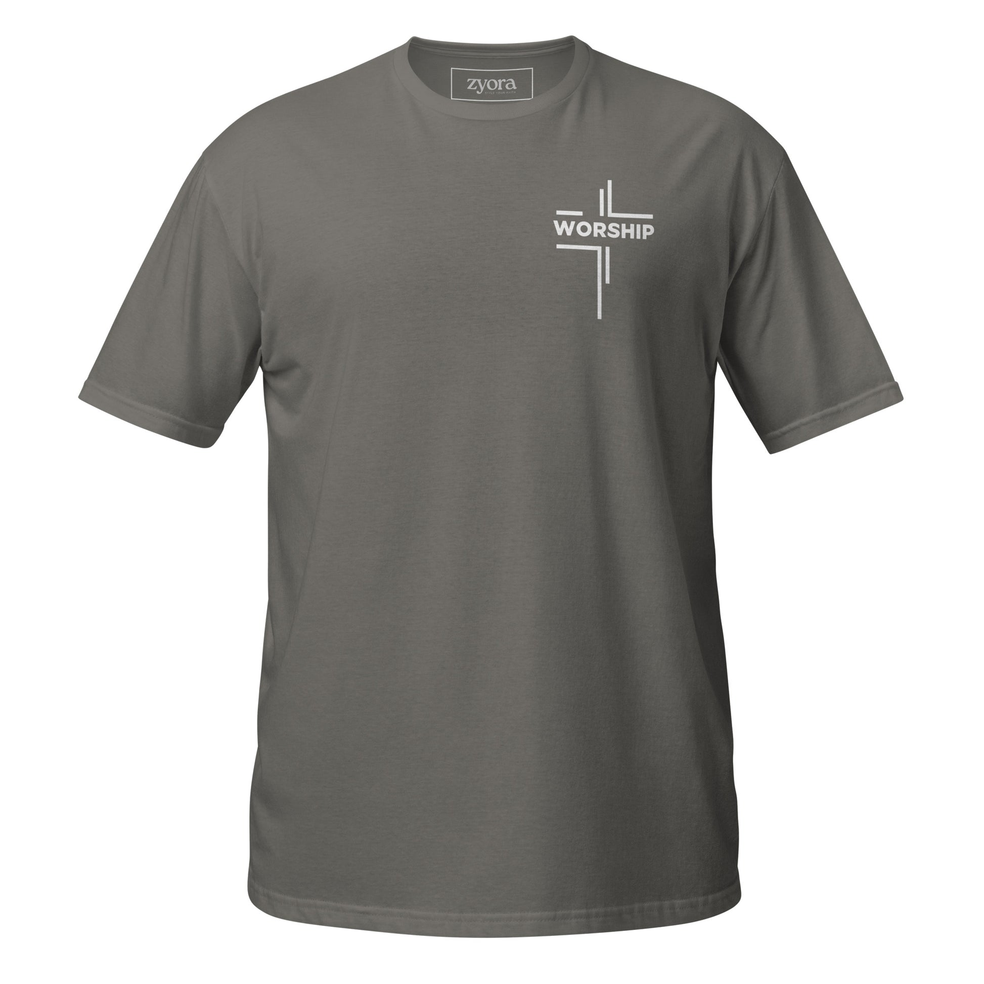 “Worship” written horizontally in cross form on a Christian graphic tee, inspired by Mark 12:30‑31. Faith‑based gift for believers, scripture‑inspired apparel.