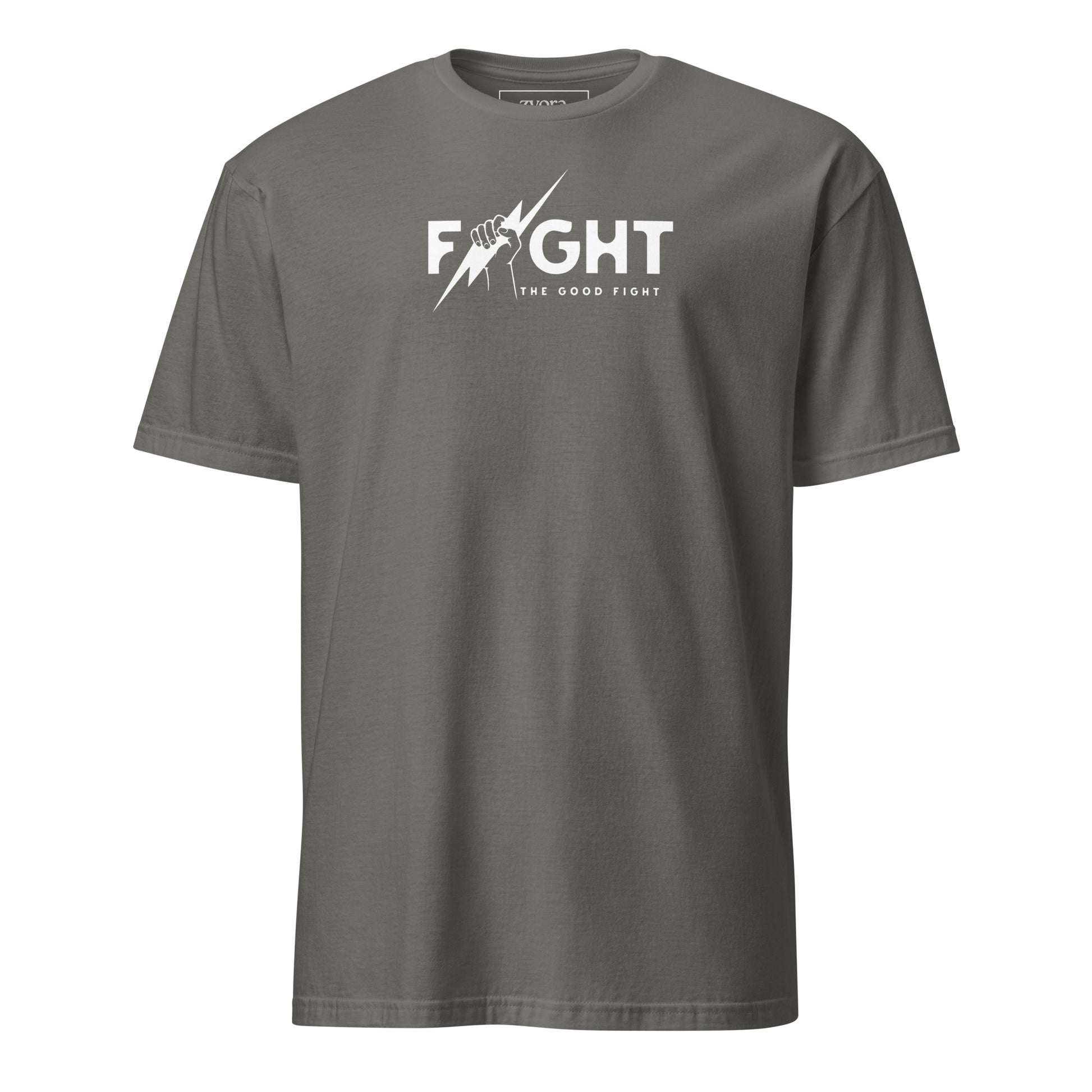 "Fight the Good Fight" Christian Charcoal graphic tee with 1 Timothy 6:12 scripture design. Faith-based apparel, bold Christian gift, unisex lifestyle shirt.