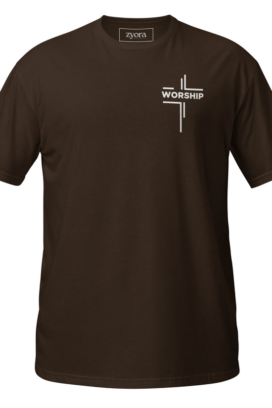 “Worship” written horizontally in cross form on a Christian graphic tee, inspired by Mark 12:30‑31. Faith‑based gift for believers, scripture‑inspired apparel.