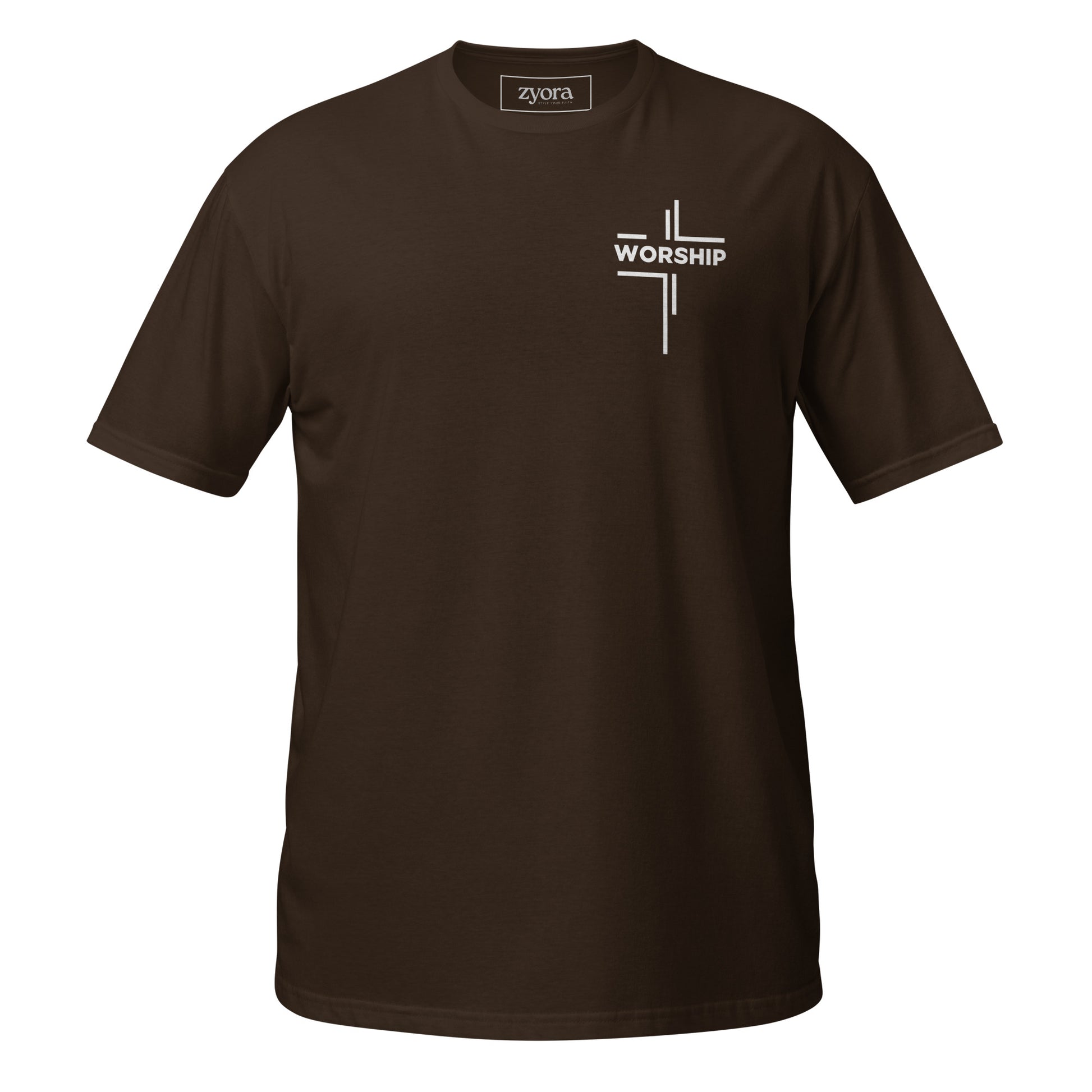 “Worship” written horizontally in cross form on a Christian graphic tee, inspired by Mark 12:30‑31. Faith‑based gift for believers, scripture‑inspired apparel.