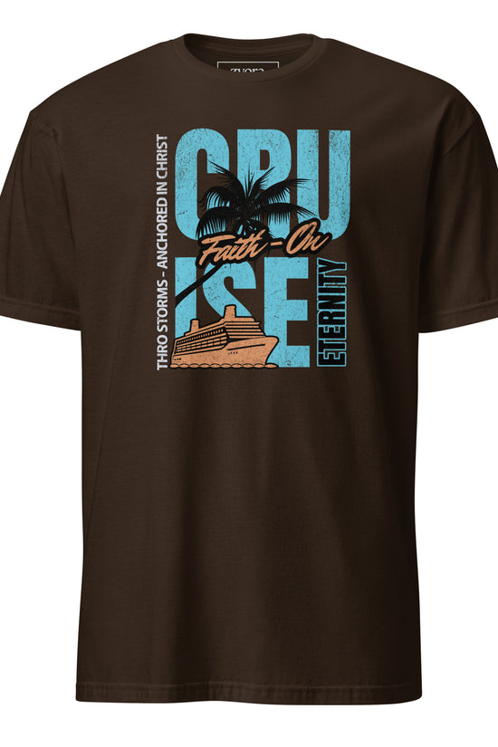“Anchored in Christ Christian graphic tee in dark chocolate – Cruise Through Storms Eternity Design – Zyora Apparel”