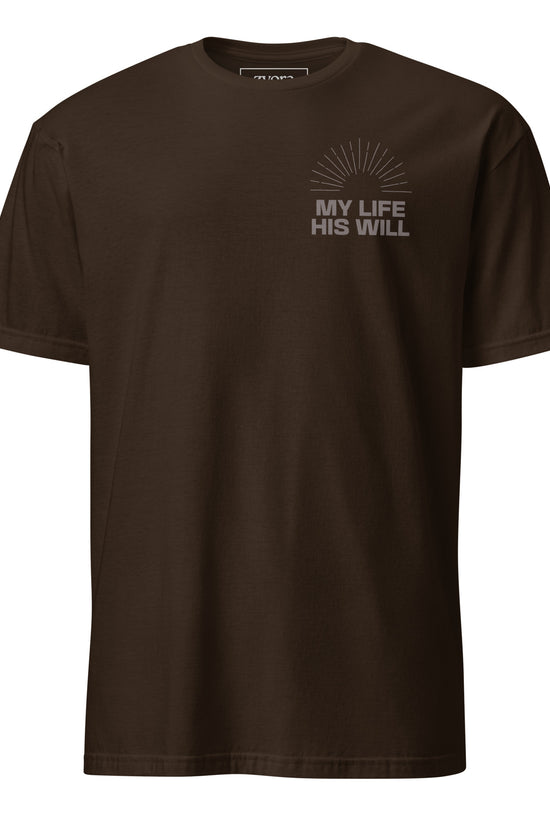 “Regular Christian graphic tee in dark chocolate – My Life His Will design – Zyora Apparel”