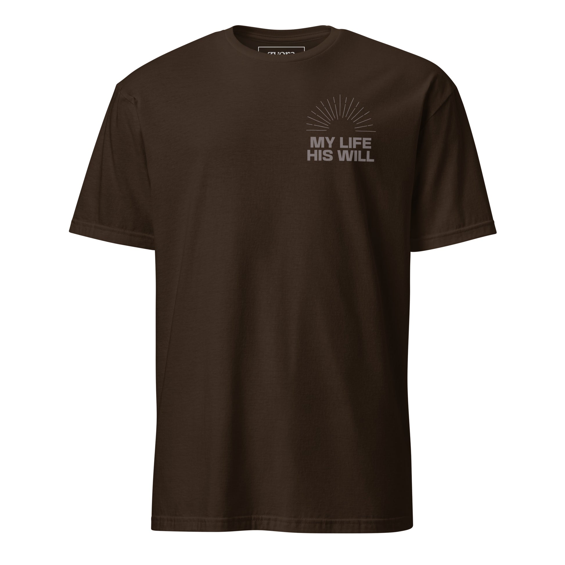 “Regular Christian graphic tee in dark chocolate – My Life His Will design – Zyora Apparel”