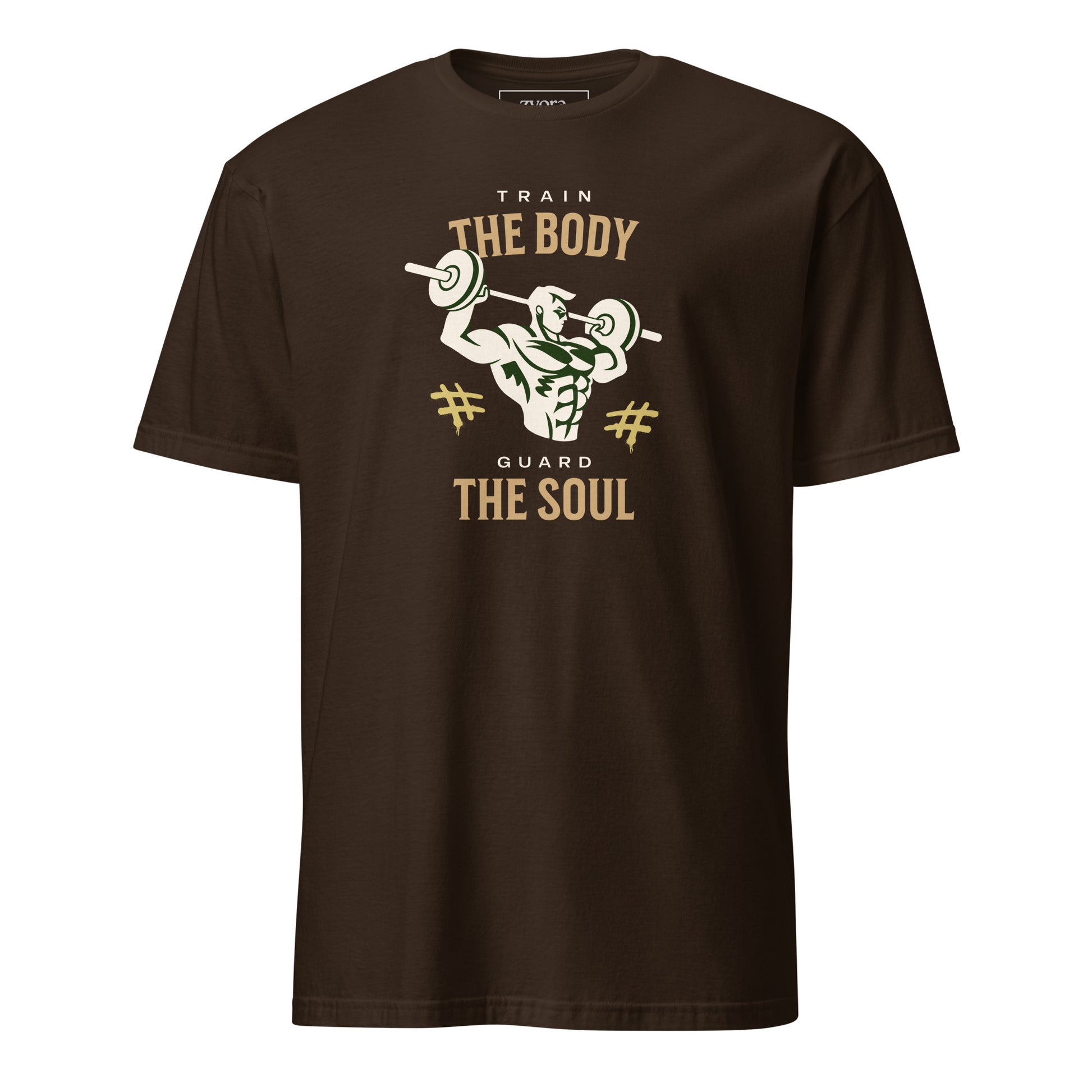 “Christian graphic tee in dark chocolate – Train Your Body, Guard Your Soul design – Zyora Apparel”