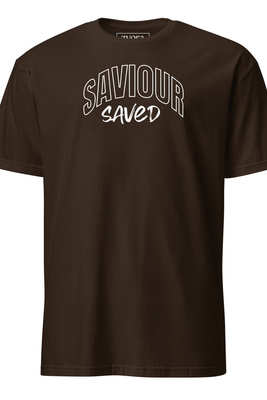 Unisex regular Dark Chocolate Christian tee with “Saviour Saved” design – faith-based fashion and gift by Zyora Apparel.
