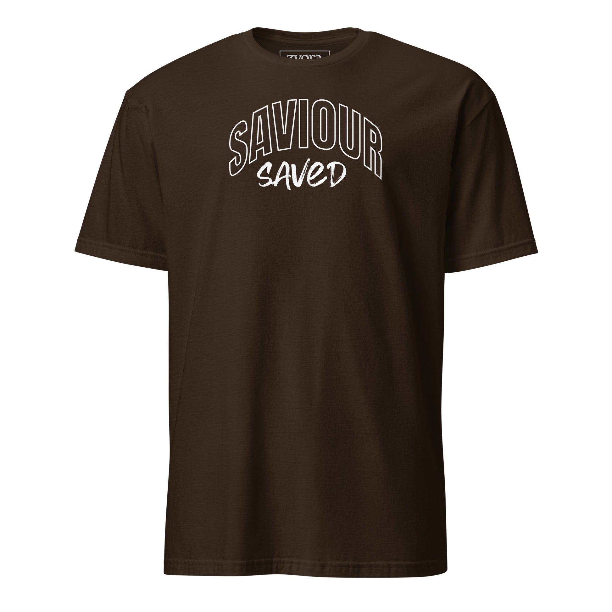 Unisex regular Dark Chocolate Christian tee with “Saviour Saved” design – faith-based fashion and gift by Zyora Apparel.