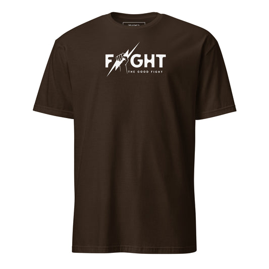 "Fight the Good Fight" Christian dark chocolate graphic tee with 1 Timothy 6:12 scripture design. Faith-based apparel, bold Christian gift, unisex lifestyle shirt.