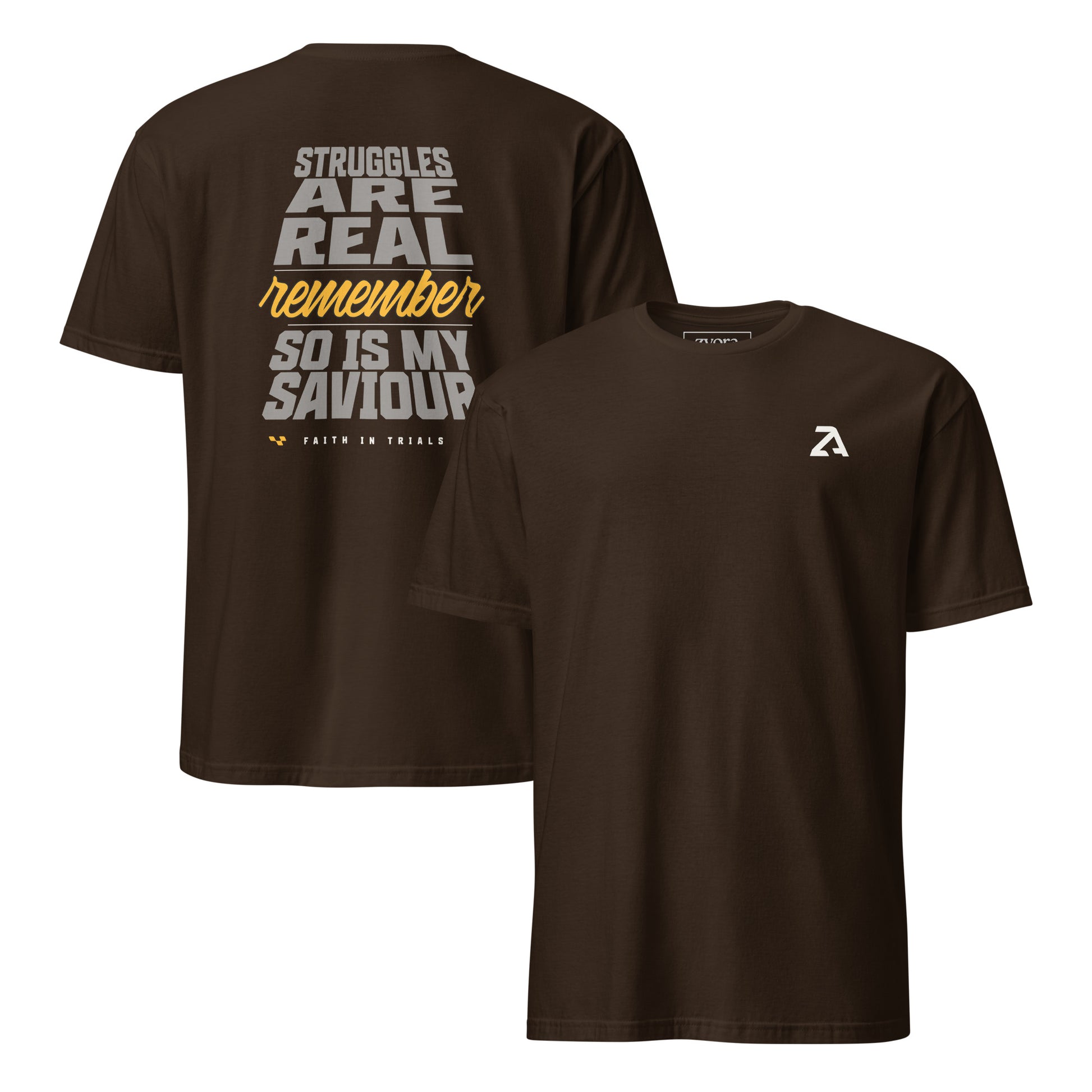 "Christian graphic tee with the phrase Struggles Are Real – Remember So Is My Saviour. Faith in trials shirt reminding believers to trust God in hardships. Inspirational Christian gift, scripture-inspired apparel, faith-based streetwear for men and women."