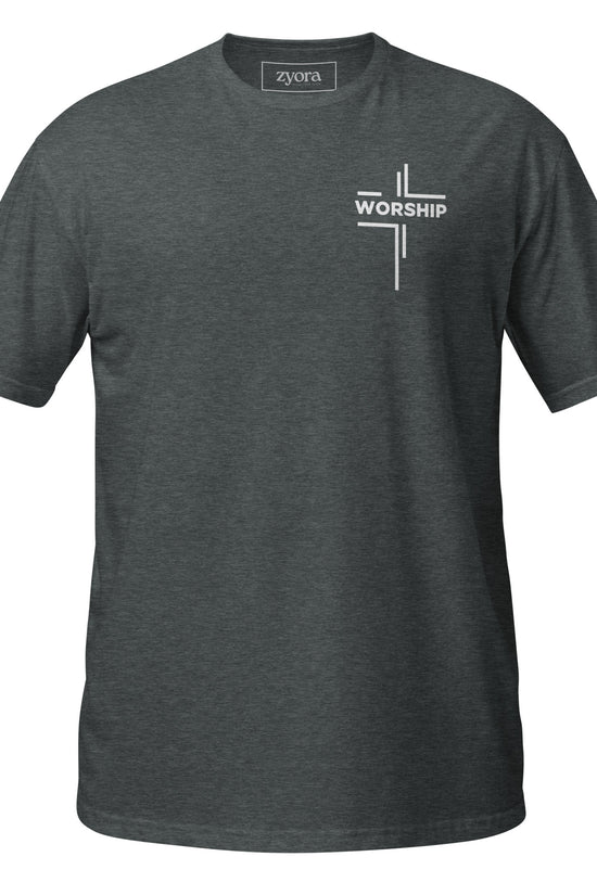 “Worship” written horizontally in cross form on a Christian graphic tee, inspired by Mark 12:30‑31. Faith‑based gift for believers, scripture‑inspired apparel.