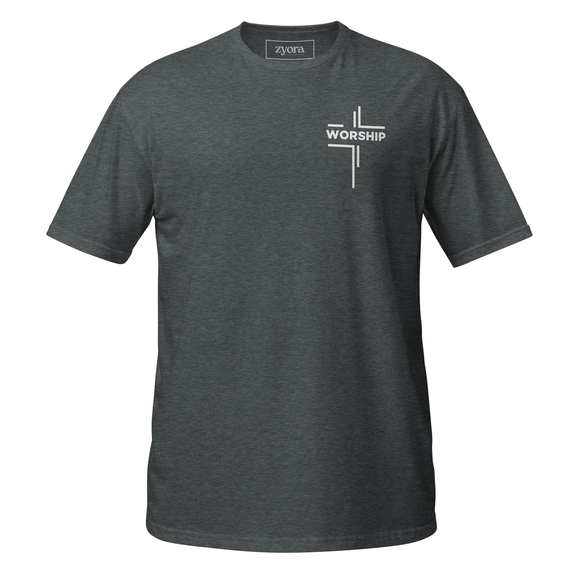 “Worship” written horizontally in cross form on a Christian graphic tee, inspired by Mark 12:30‑31. Faith‑based gift for believers, scripture‑inspired apparel.