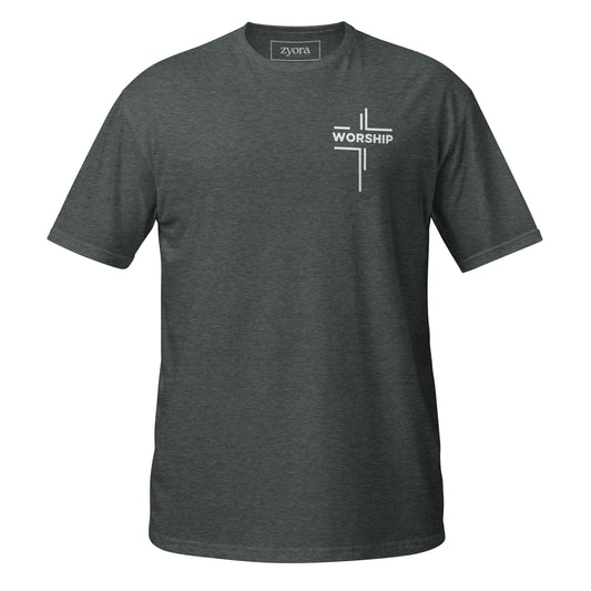 “Worship” written horizontally in cross form on a Christian graphic tee, inspired by Mark 12:30‑31. Faith‑based gift for believers, scripture‑inspired apparel.
