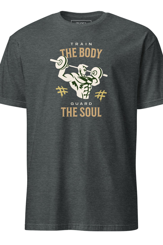 “Christian graphic tee in dark heather grey – Train Your Body, Guard Your Soul design – Zyora Apparel”