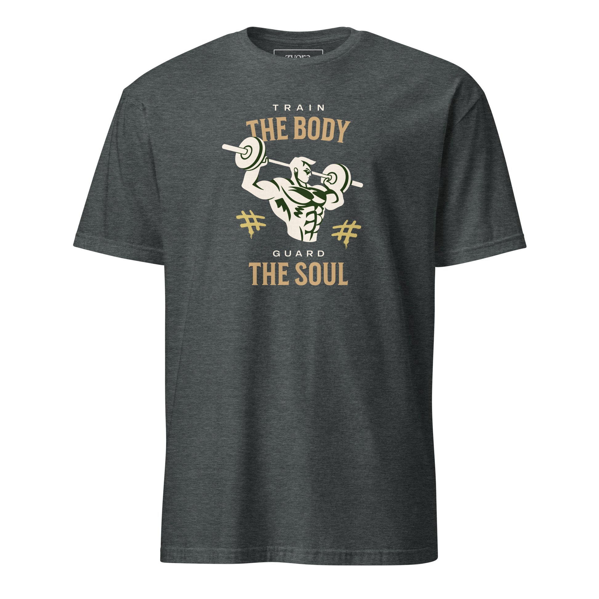 “Christian graphic tee in dark heather grey – Train Your Body, Guard Your Soul design – Zyora Apparel”