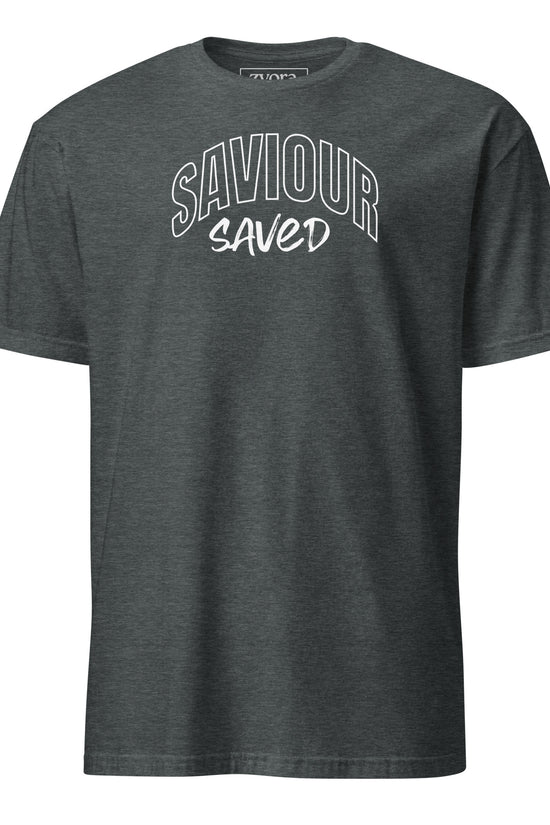 Unisex regular Dark Heather Christian tee with “Saviour Saved” design – faith-based fashion and gift by Zyora Apparel.