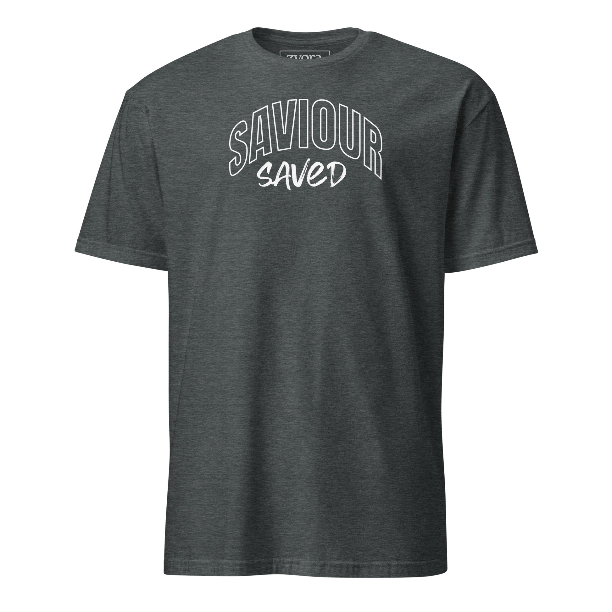 Unisex regular Dark Heather Christian tee with “Saviour Saved” design – faith-based fashion and gift by Zyora Apparel.