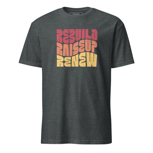 Unisex regular Christian tee with “Rebuild Raiseup Renew” design – faith-based fashion and gift by Zyora Apparel.