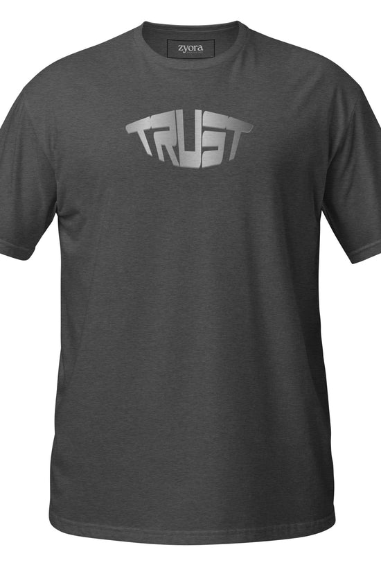 “Christian graphic tee in heather dark grey – Trust design – Zyora Apparel”
