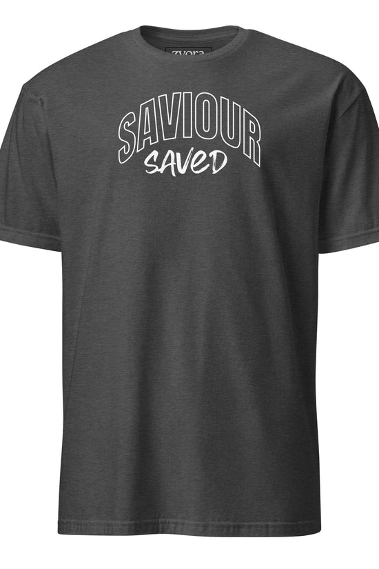 Unisex regular Dark Heather Christian tee with “Saviour Saved” design – faith-based fashion and gift by Zyora Apparel.