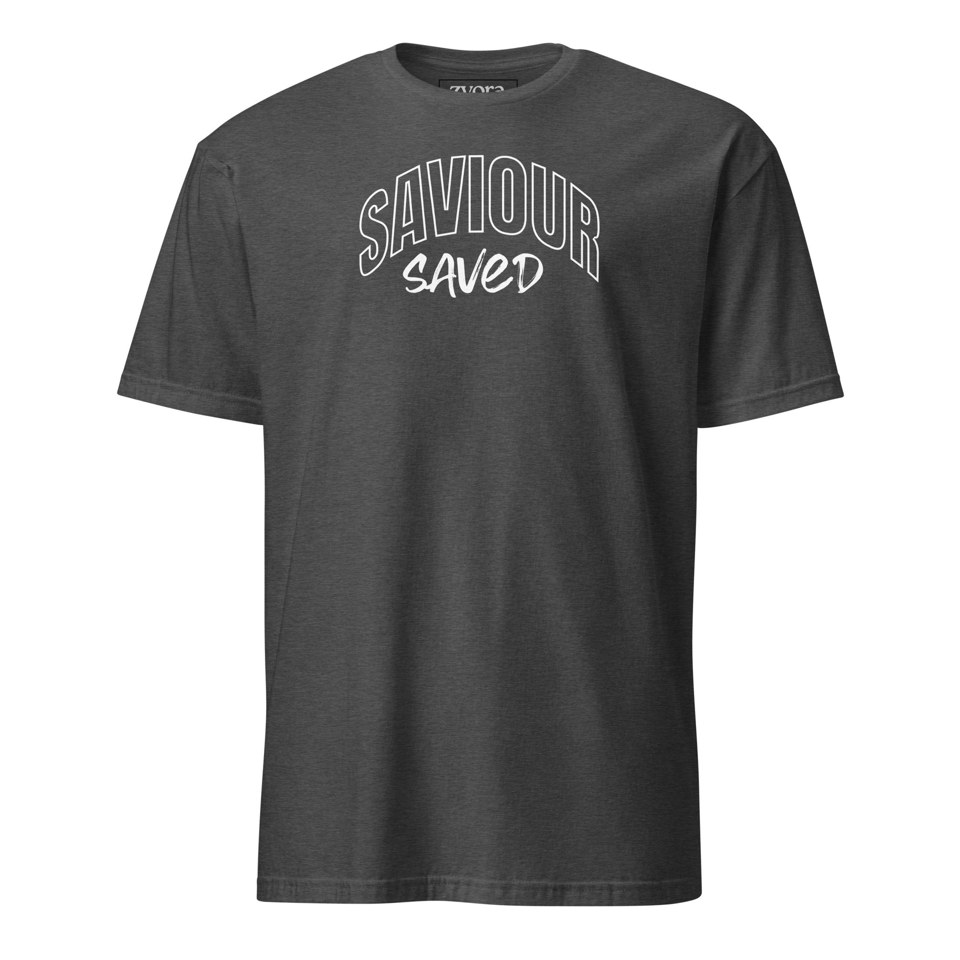 Unisex regular Dark Heather Christian tee with “Saviour Saved” design – faith-based fashion and gift by Zyora Apparel.