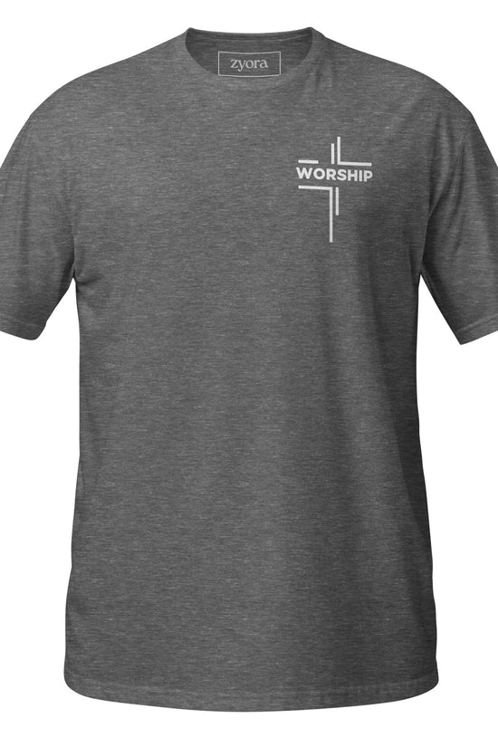 “Worship” written horizontally in cross form on a Christian graphic tee, inspired by Mark 12:30‑31. Faith‑based gift for believers, scripture‑inspired apparel.