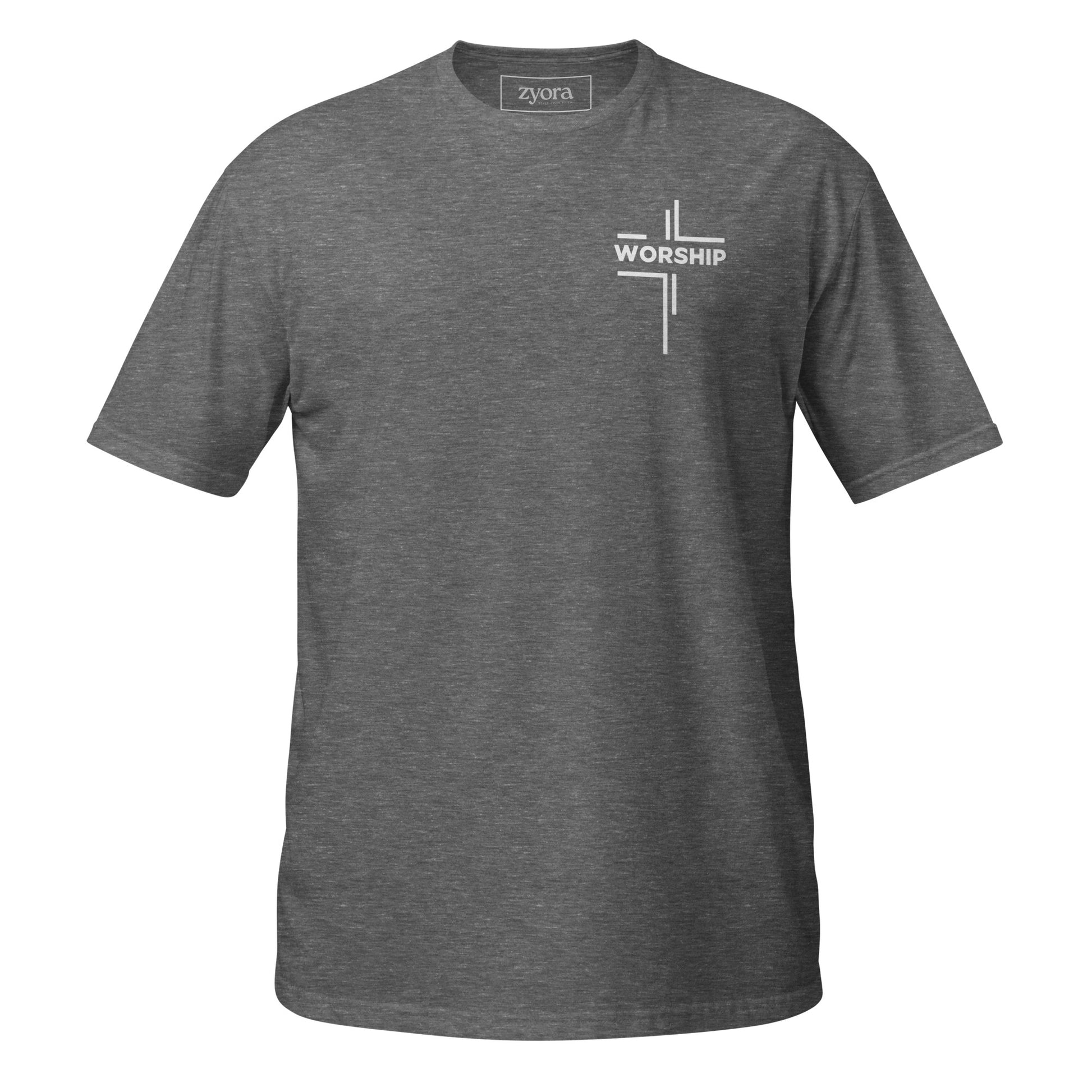 “Worship” written horizontally in cross form on a Christian graphic tee, inspired by Mark 12:30‑31. Faith‑based gift for believers, scripture‑inspired apparel.