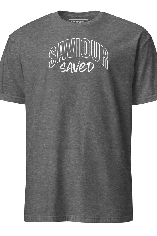Unisex regular Graphite Heather Christian tee with “Saviour Saved” design – faith-based fashion and gift by Zyora Apparel.