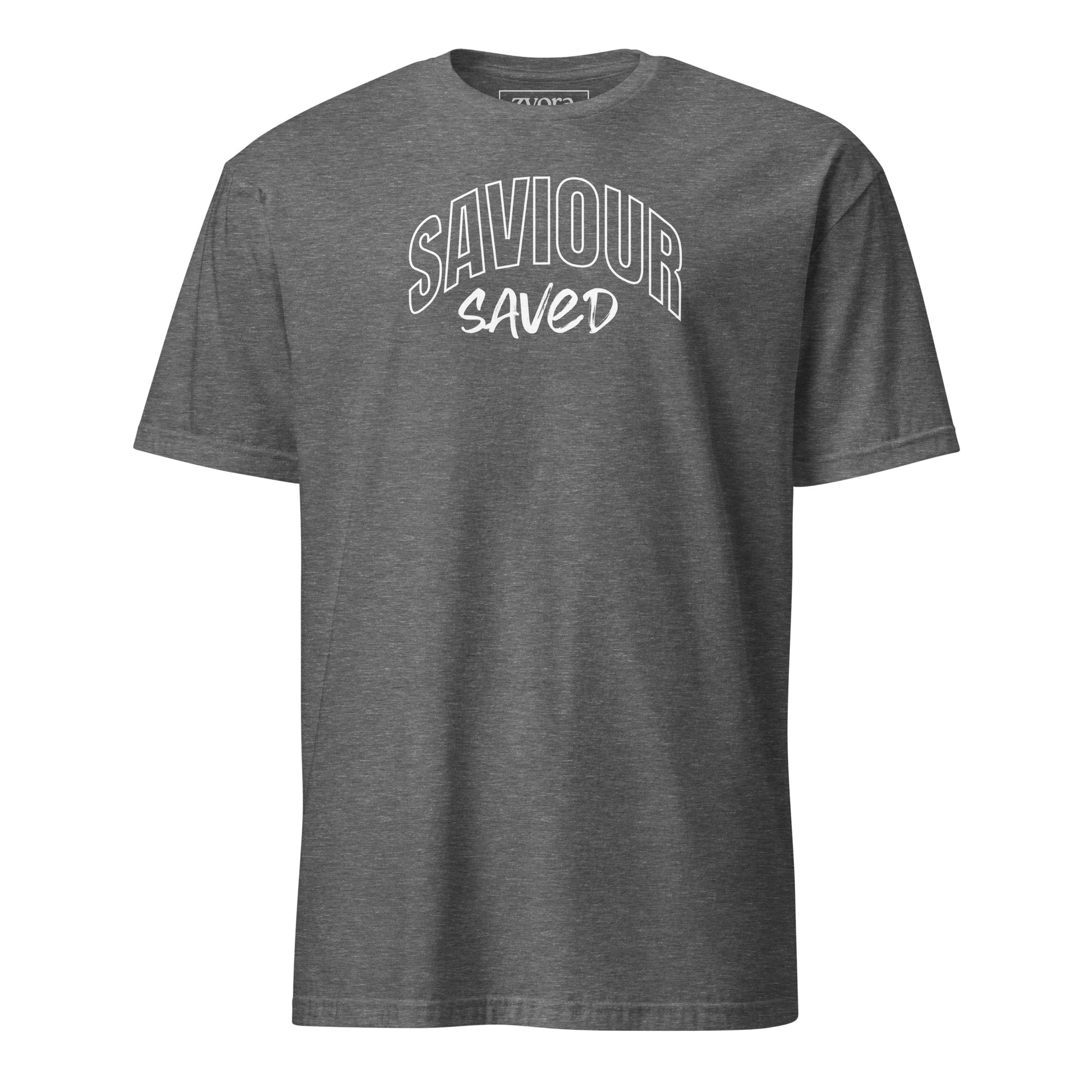 Unisex regular Graphite Heather Christian tee with “Saviour Saved” design – faith-based fashion and gift by Zyora Apparel.
