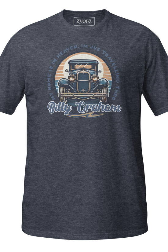 “Billy Graham quote Christian graphic tee in heather navy blue – My Home Is in Heaven, I’m Just Travelling Through – Zyora Apparel”