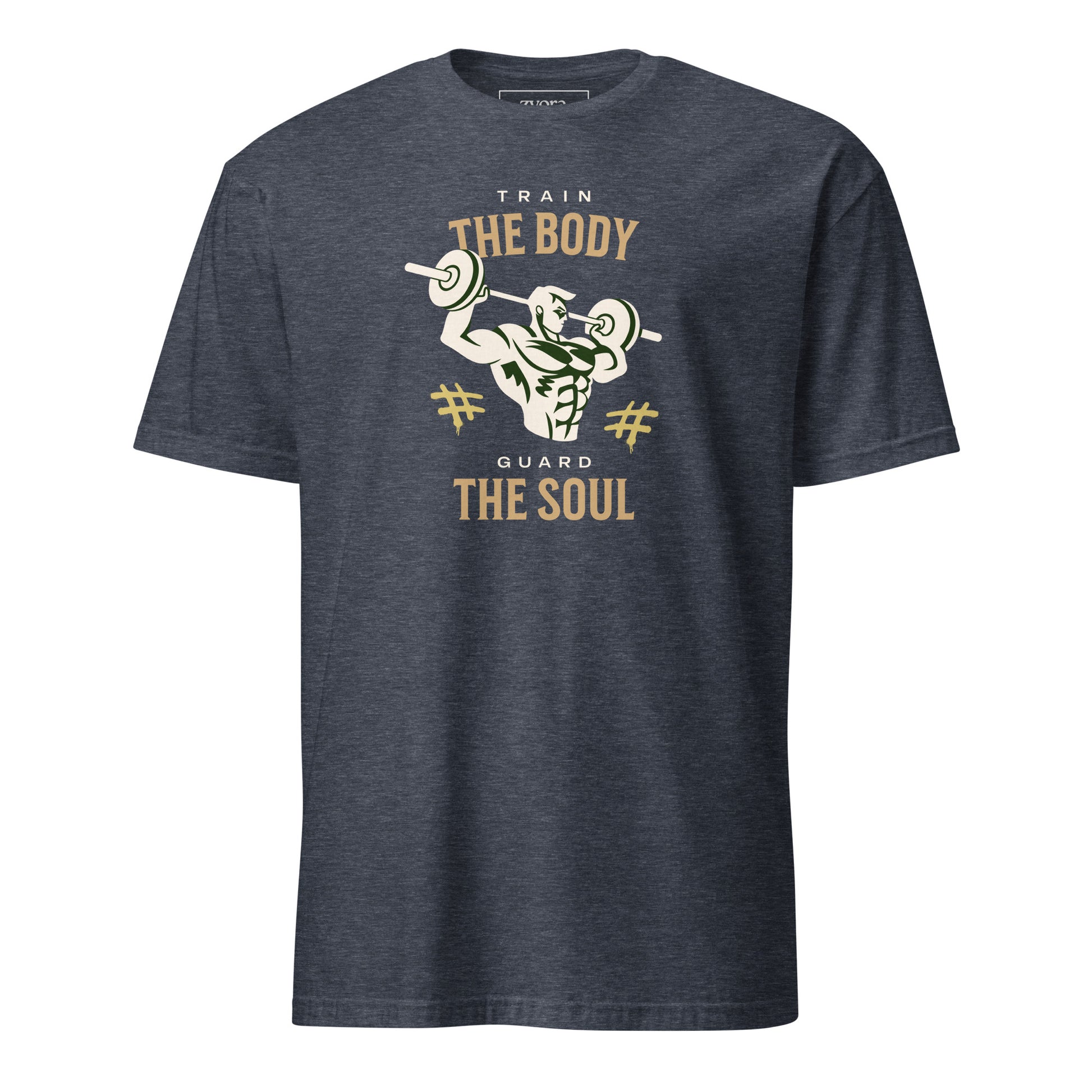 “Christian graphic tee in heather navy – Train Your Body, Guard Your Soul design – Zyora Apparel”