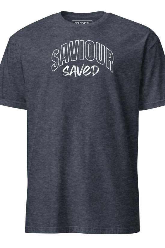 Unisex regular Heather Navy Christian tee with “Saviour Saved” design – faith-based fashion and gift by Zyora Apparel.