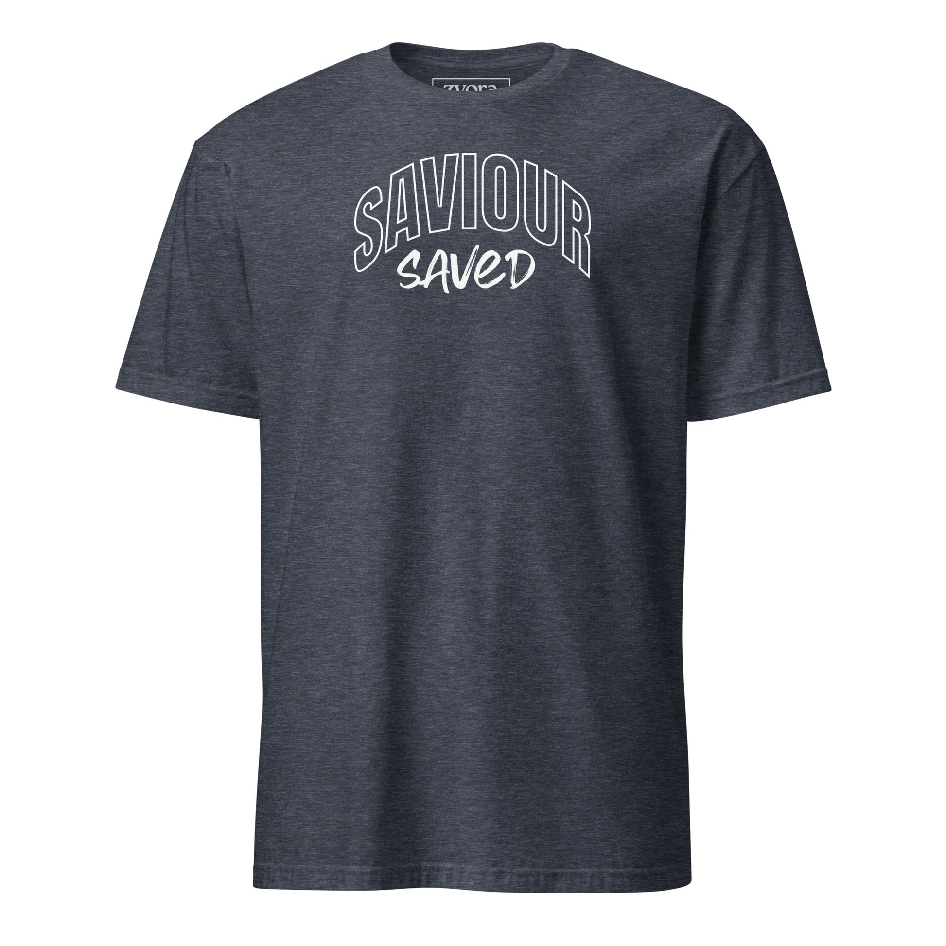 Unisex regular Heather Navy Christian tee with “Saviour Saved” design – faith-based fashion and gift by Zyora Apparel.