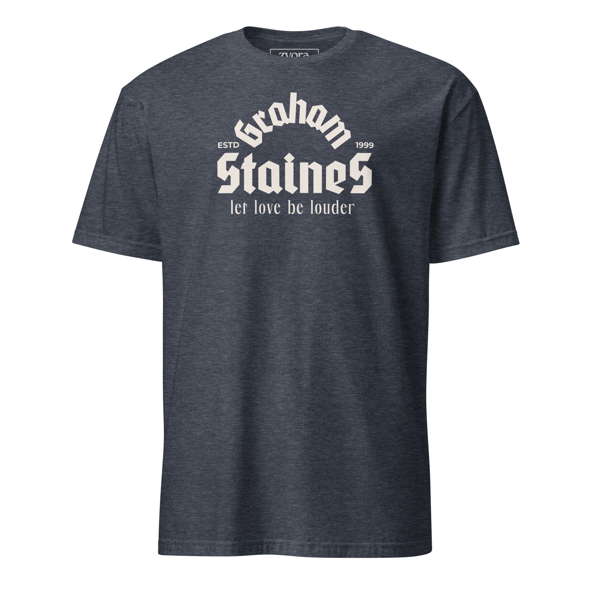 “Graham Staines – Let Love Be Louder” Christian Heather Navy graphic tee, inspired by 1 Corinthians 13:13. Faith-based gift, scripture-inspired apparel for men and women.