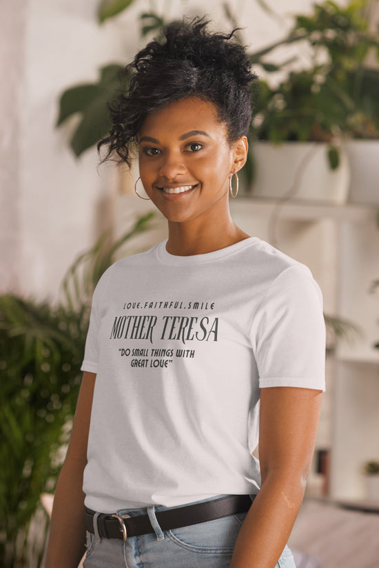 Model wearing Zyora Apparel Regular Tee with Mother Teresa inspired design “Do Small Things with Great Love” – casual Christian t-shirt for everyday faith wear.